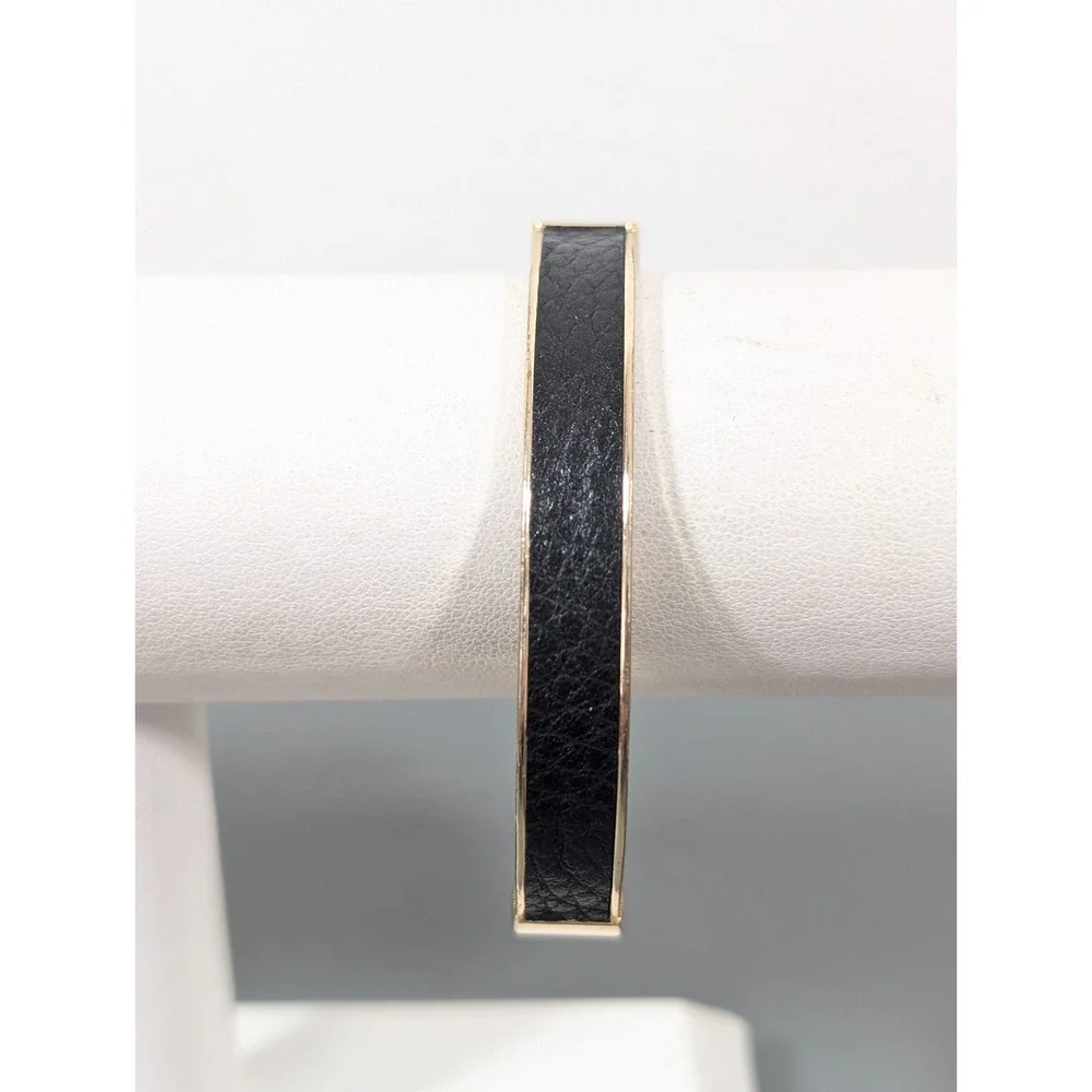 LOFT Black Leather Inlay Gold Tone‎ Hinge Bangle Bracelet 6.5 in